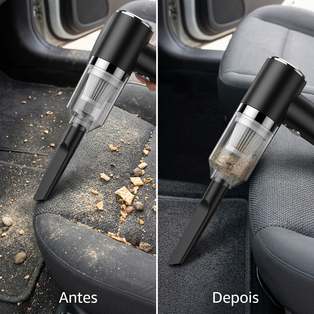 Comparação entre banco de carro sujo e limpo após uso do Vórtice V1